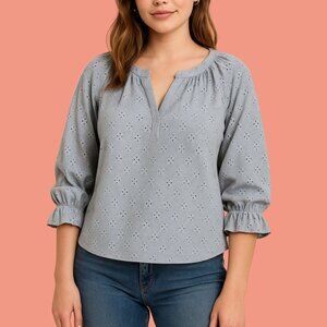 Theo & Spence Grey Embroidered Eyelet Blouse – Ruffle Sleeve Boho Style (Size M)